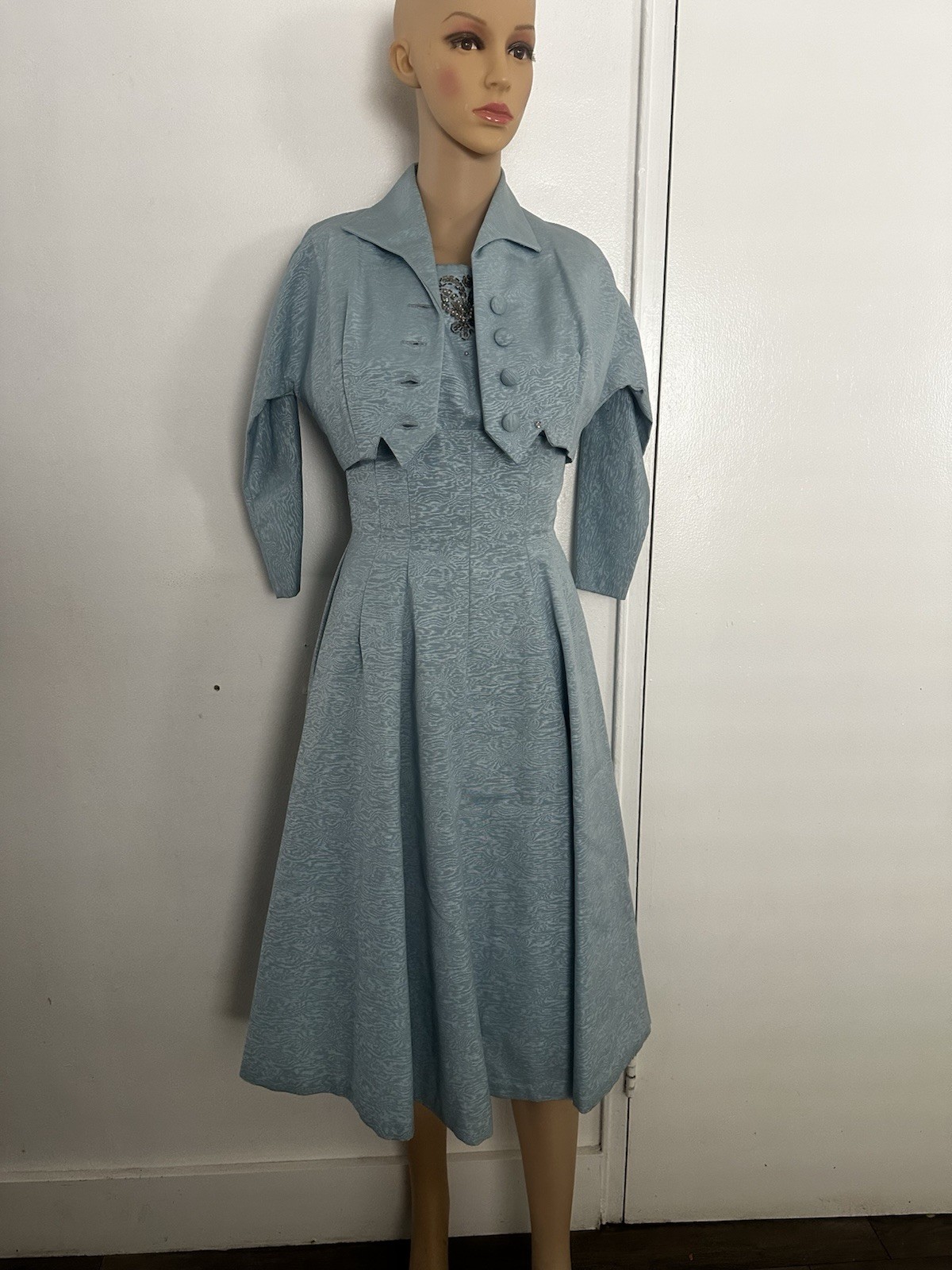 PRISTINE Vtg 1950s JUNIOR THEME Blue Moire Taffeta Dress & Bolero Set Beaded XS