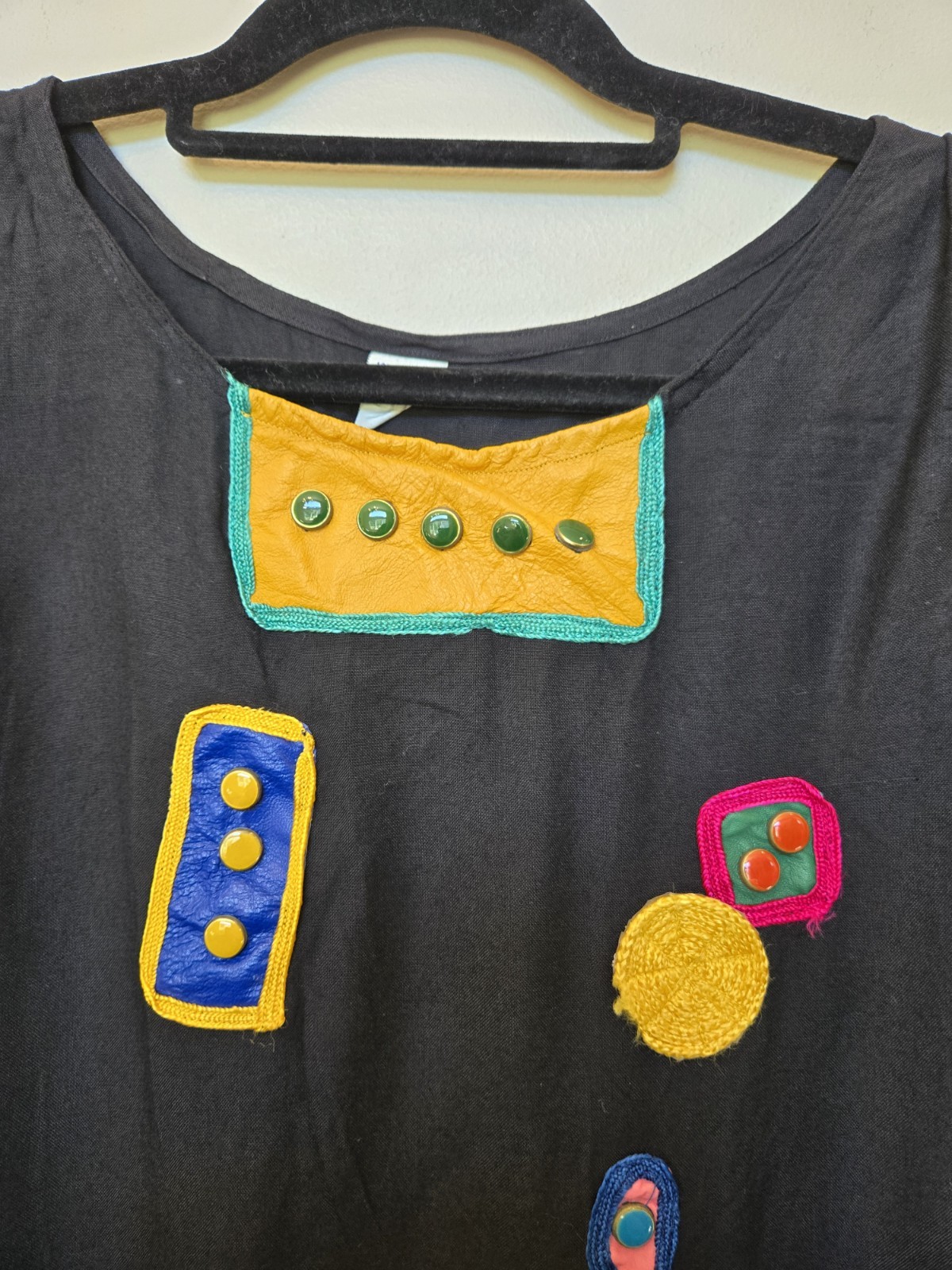 Vintage 80s 90s Womens Outfit Sz M Leather Patch Work Art To Wear Hippie Loose