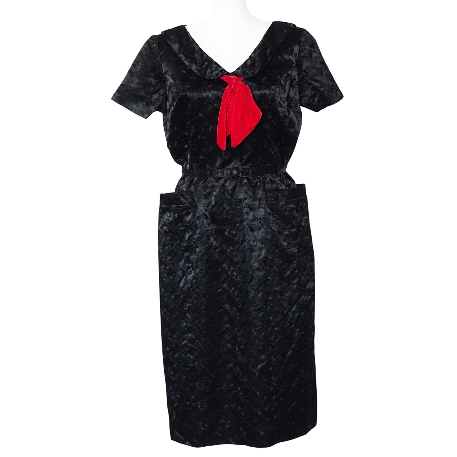 Vintage Sheath Dress Women Size 13 / 14 Black Red Bow Belted Sailor
