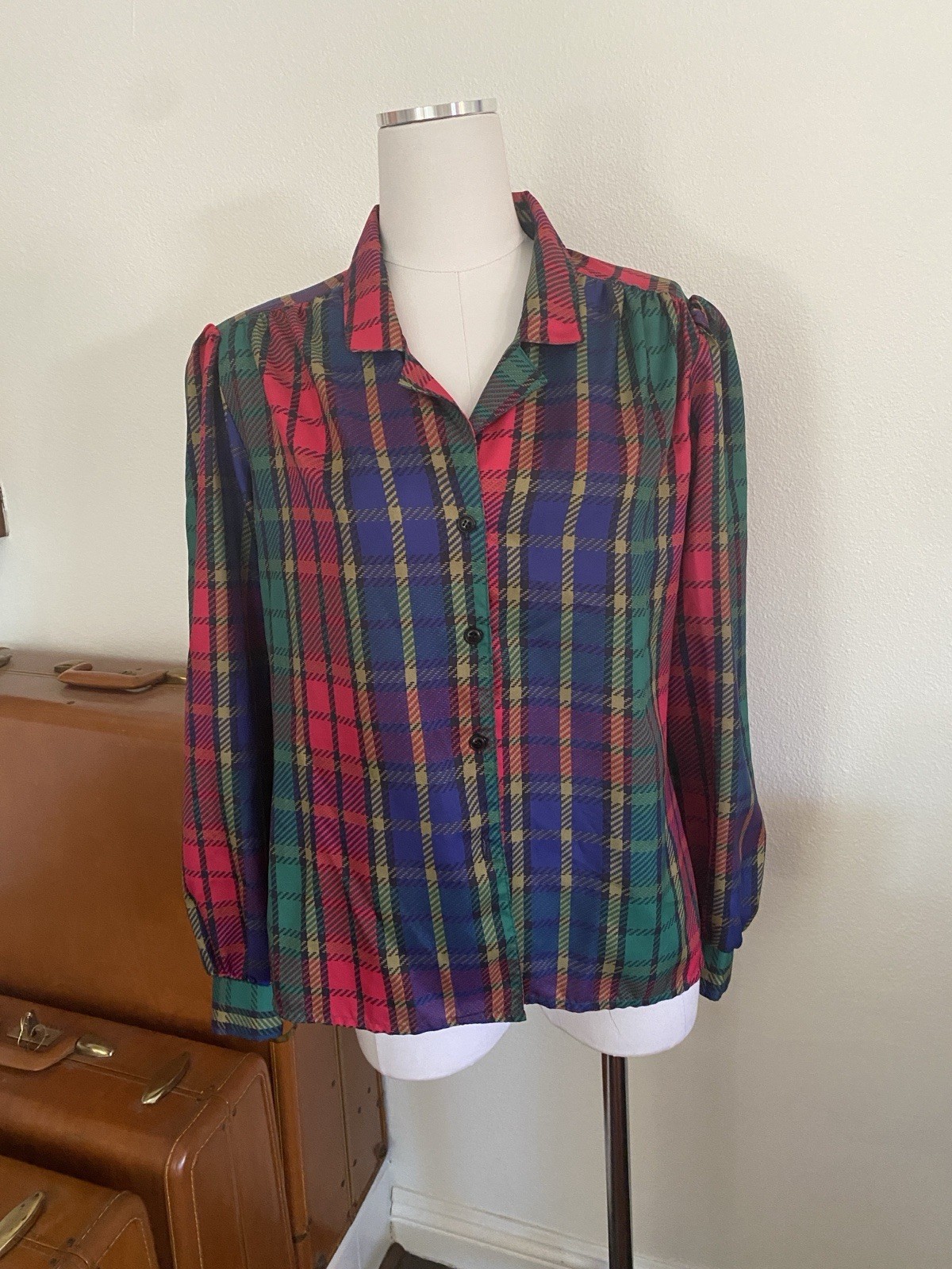 Vintage 1980s G.W. Plaid Shirt Magenta Green Blue Yellow Boxy Granny Academia 10