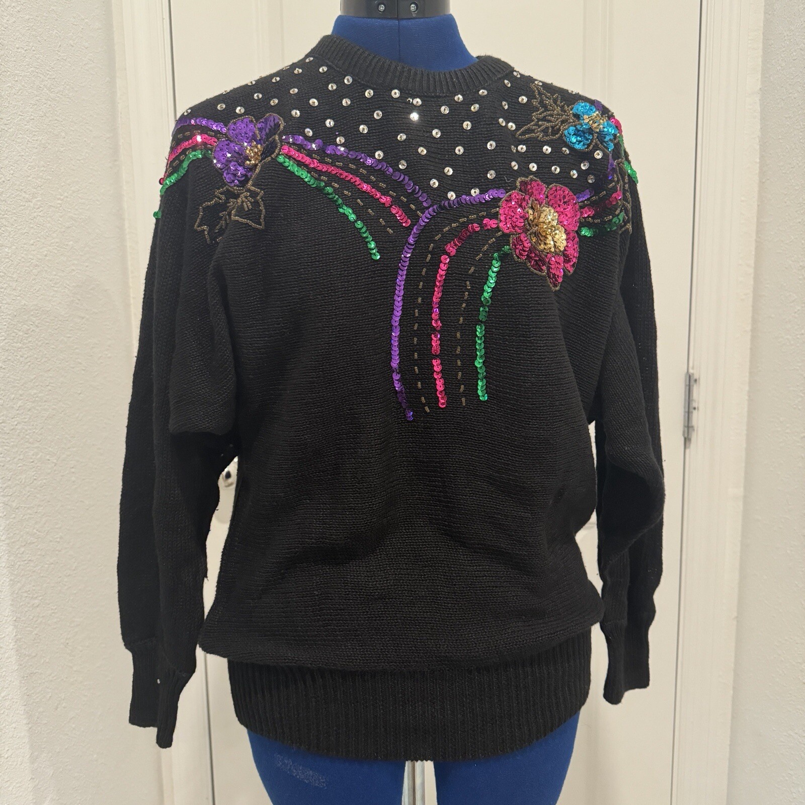 Vtg 80s Women’s Sequin Beaded Flower Black Fancy Sweater Pullover Size Medium