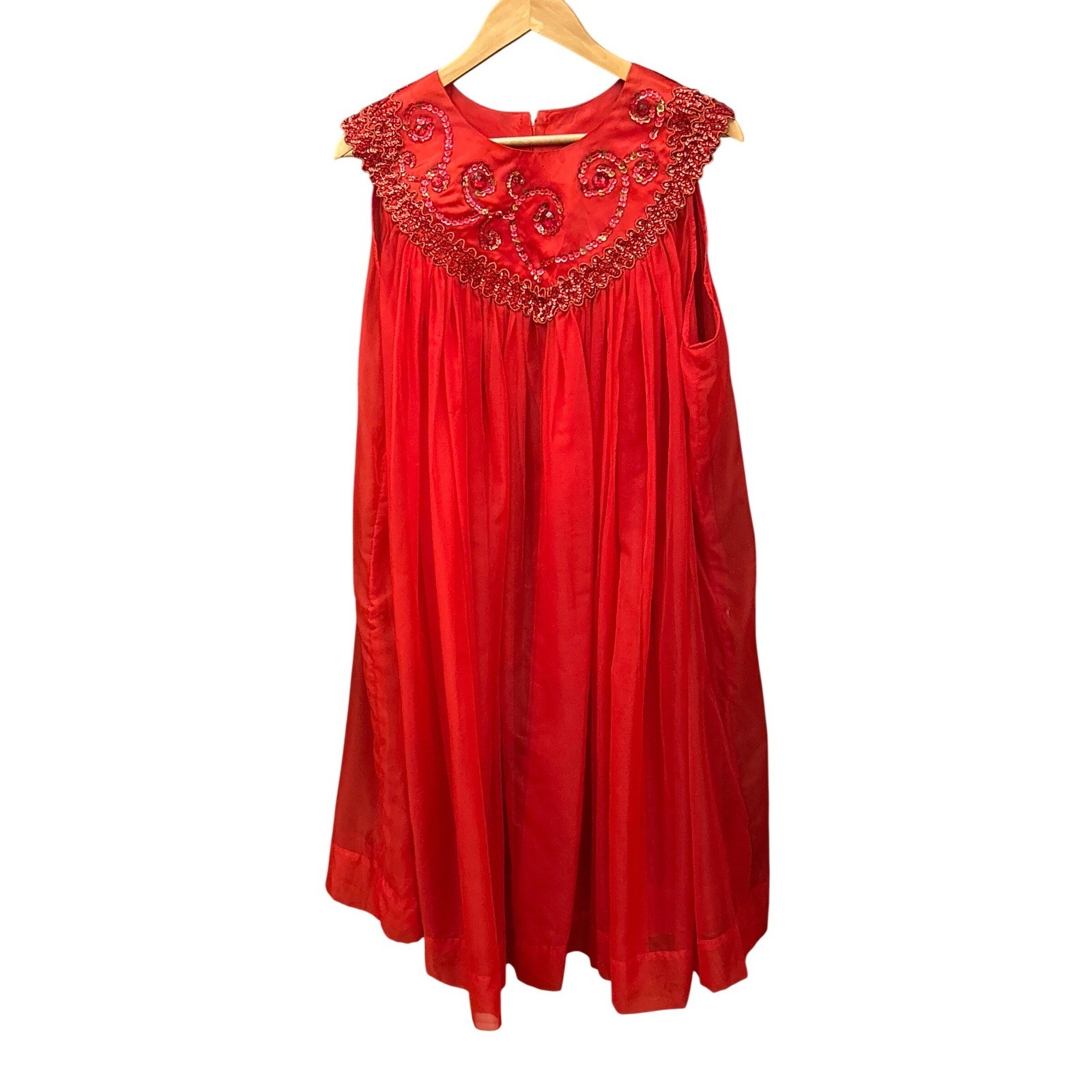 Vintage Old Hollywood Babydoll Dress Red Sequin Beaded Regencycore MCM Glamour