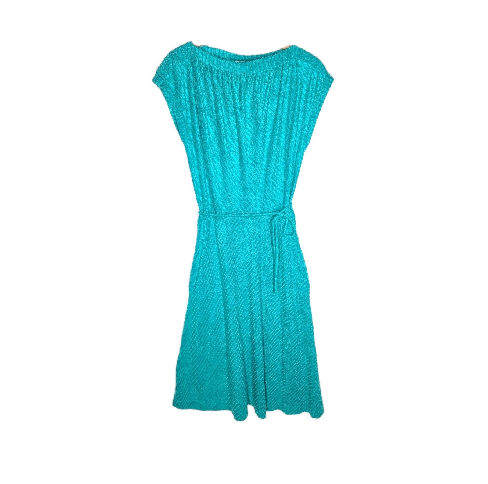 1970s Disco Knit Dress Teal Terry Cloth Diagonal Corduroy Stripe wBelt Large