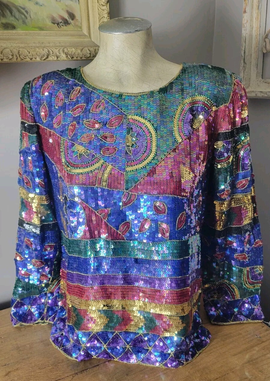 Vintage Jean Joseph Le Bon Stunning Glamorous Multicolor Shirt Sequin Tunic M