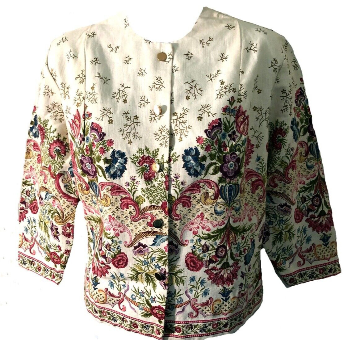 Vintage 60s Women’s Aladdin Botanical Floral Boho Button Linen Boho Jacket sz 16