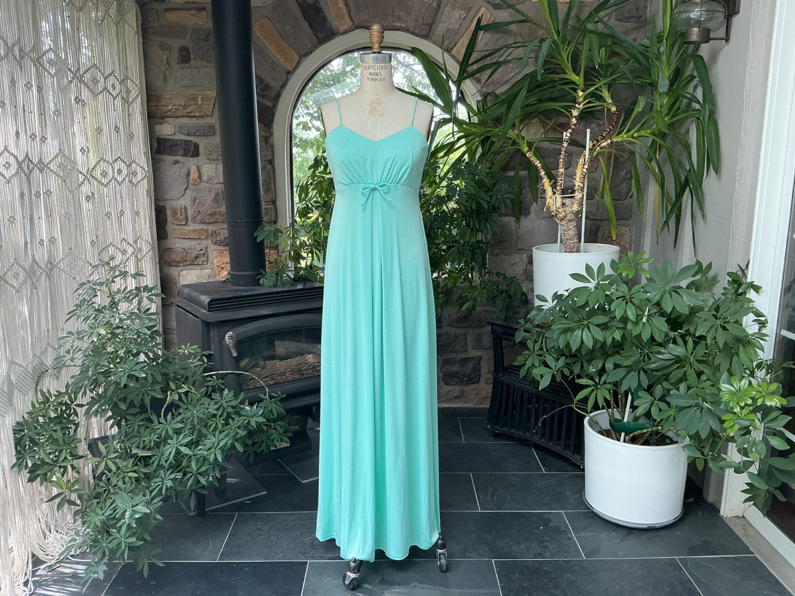 Vintage 1970s Mint Green Knit Maxi Dress with Lace Trim Jacket