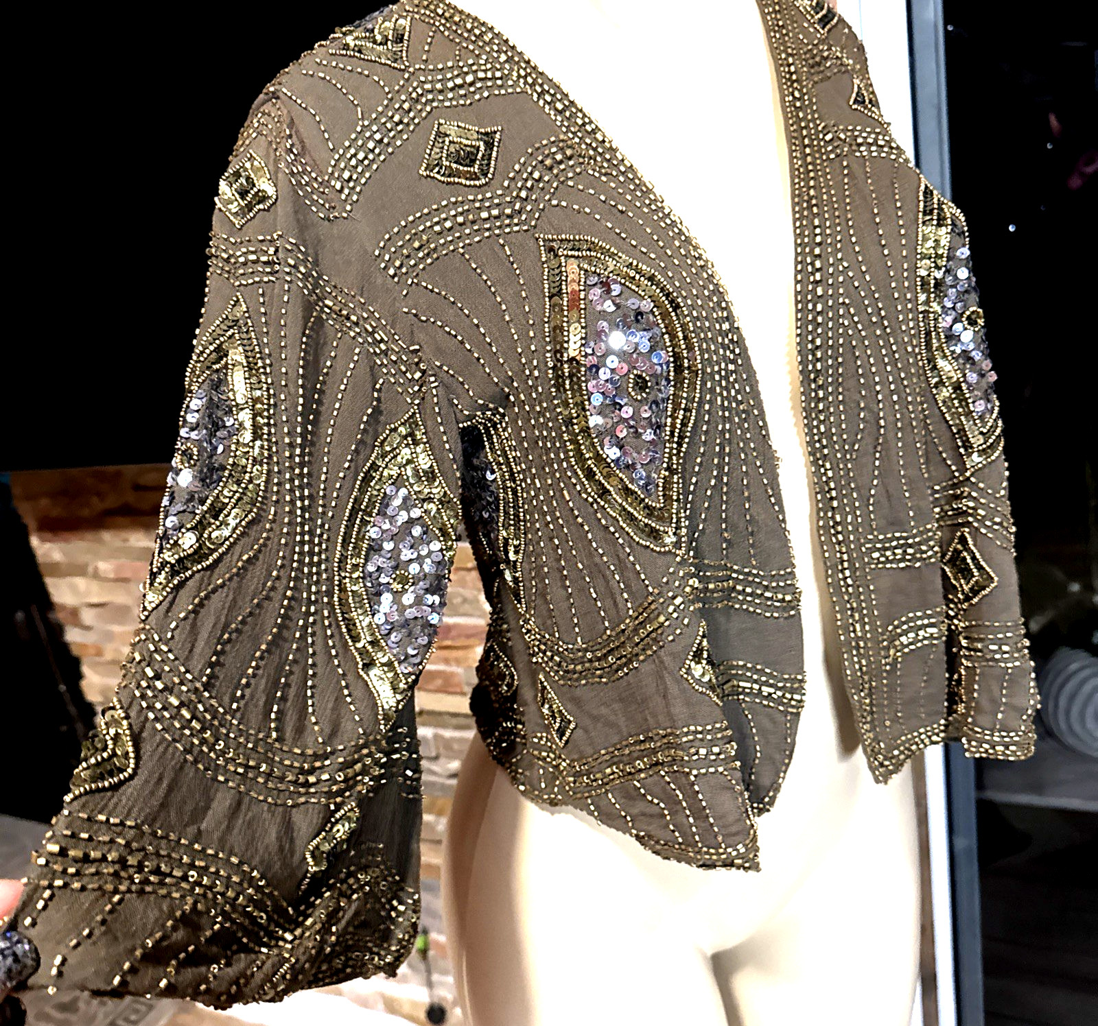 Vtg Tennis Cuidado Especial Sequined Bolero Gold & Army Green XS/S NWTS gc