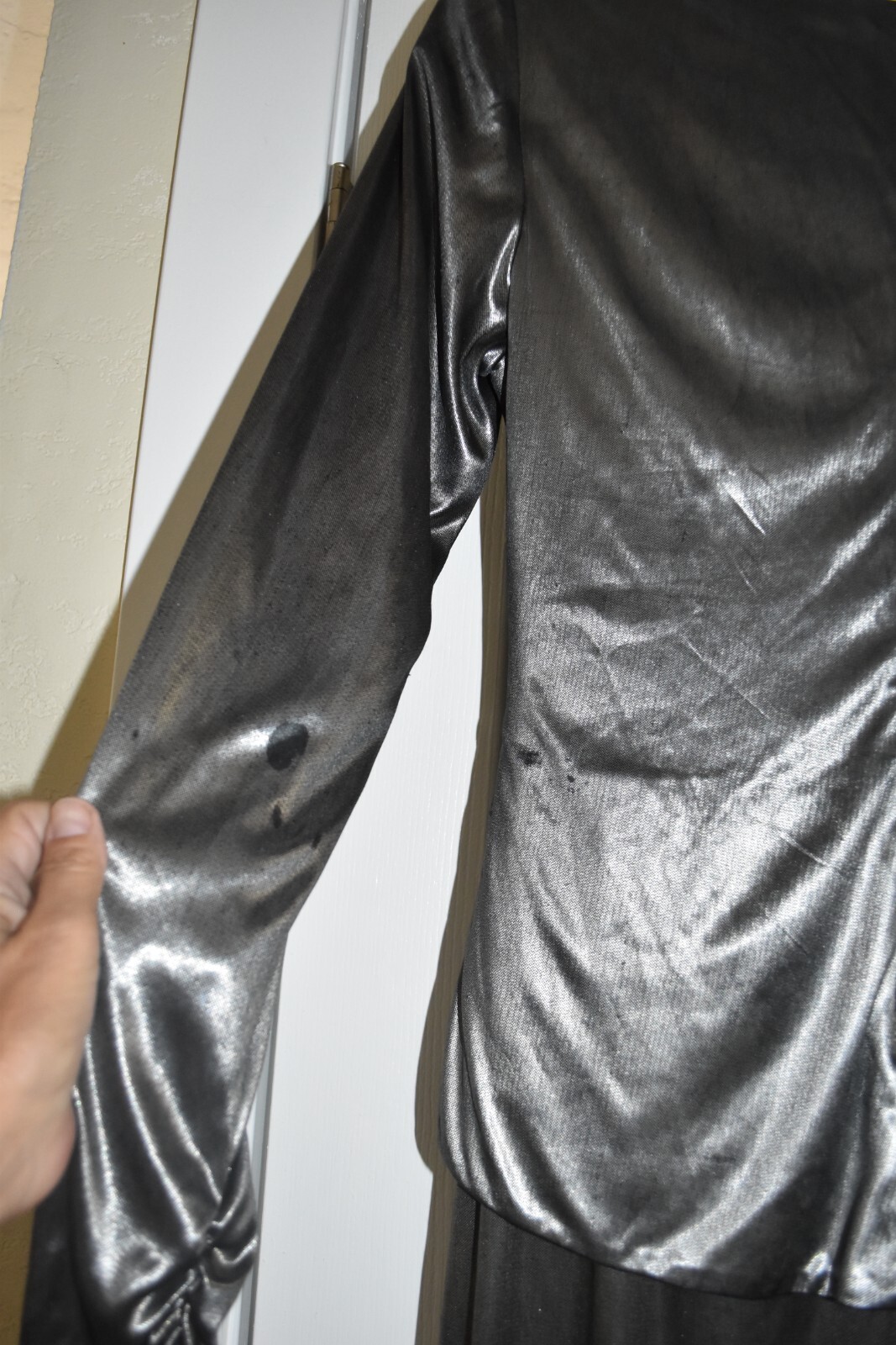 80s DISCO David Howard Silver Metallic Satin Jumpsuit One Piece Lounge petite 12