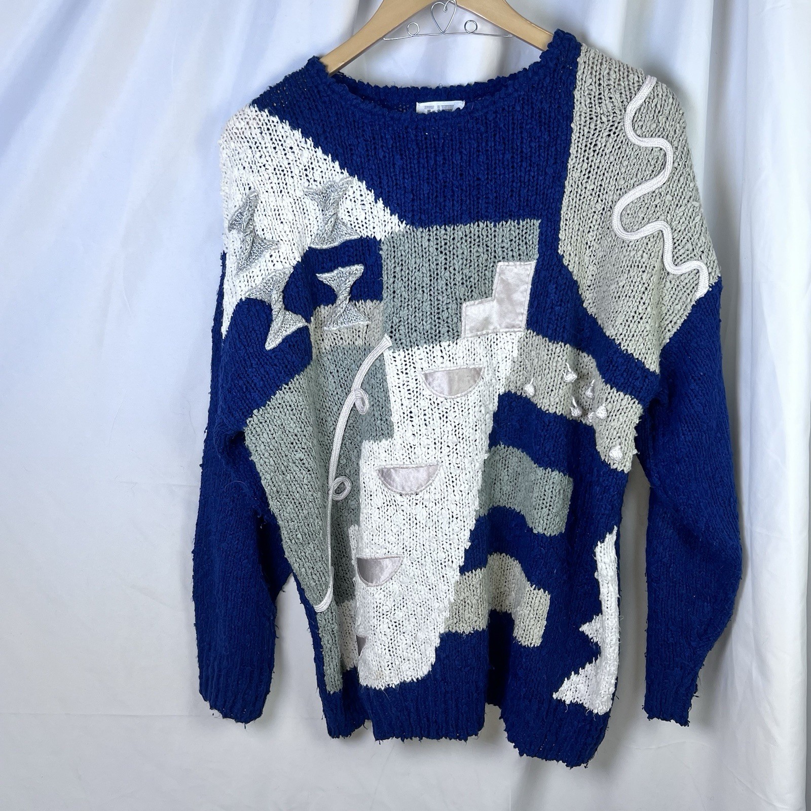 Vintage 80s IJW Mervyns Abstract Navy Creaam Knit Sweater Size Small