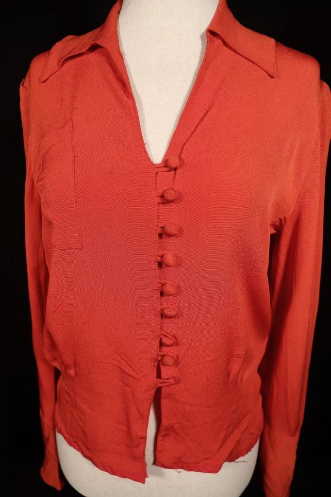 Vintage 1940’s WWII Era French Orange Red Rayon Crepe Blouse Size Med VG Cond
