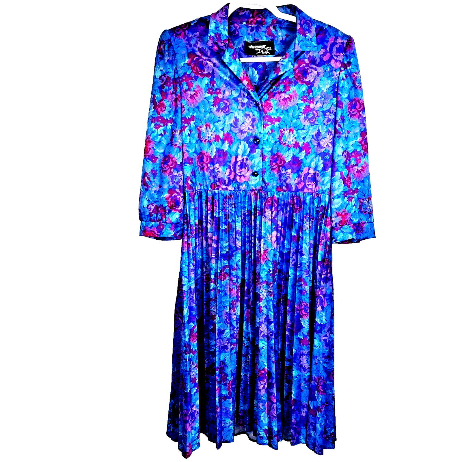 Vtg 70s Whirlaway Floral Pleated Secretary Dress Size 12 Blue Purple Secretary