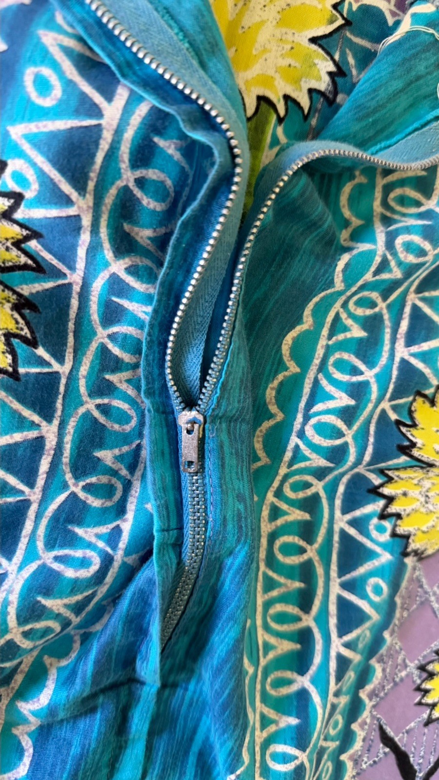 Vintage 50s Rhapsody by Glazier Mod Tiki Print Day Dress M Metal Zip Sleeveless