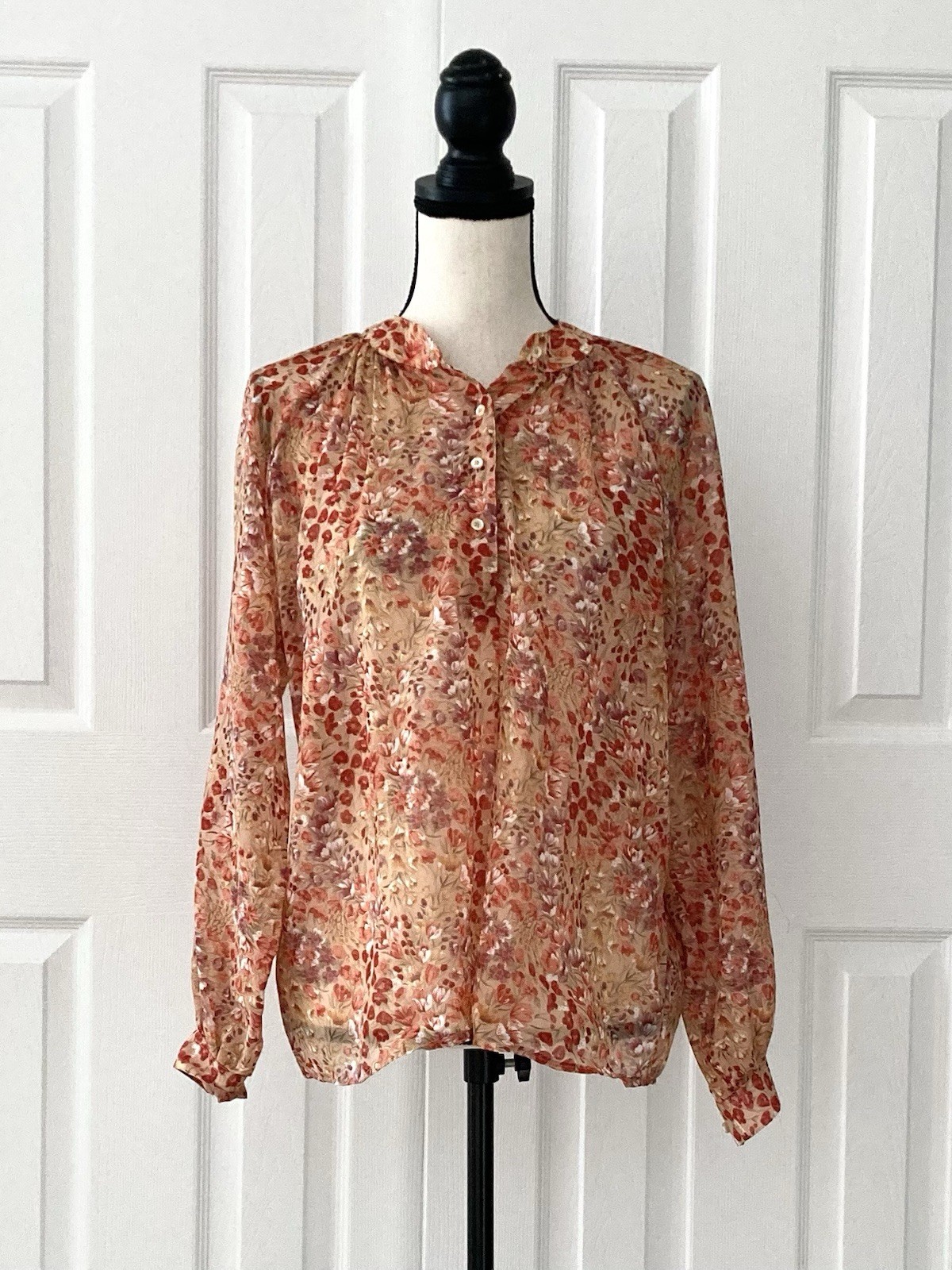 Vtg 70s 80s Autumn Floral Secretary Blouse Top Semi Sheer Women’s Size 7/8