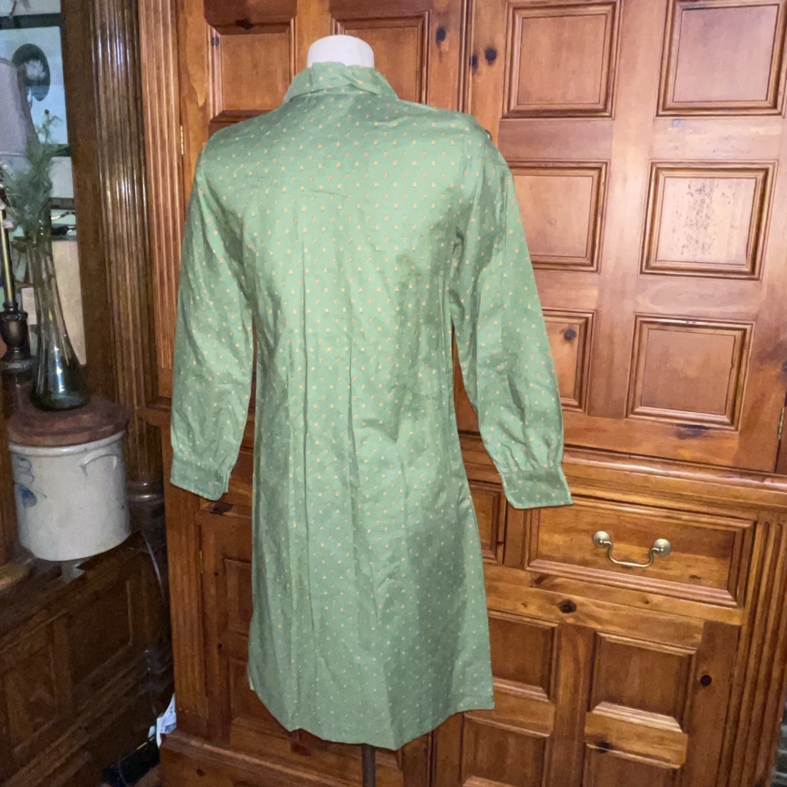 Vintage 60s Green Print Cotton Shirt Dress Button Front Mod St Patrick’s Day NOS