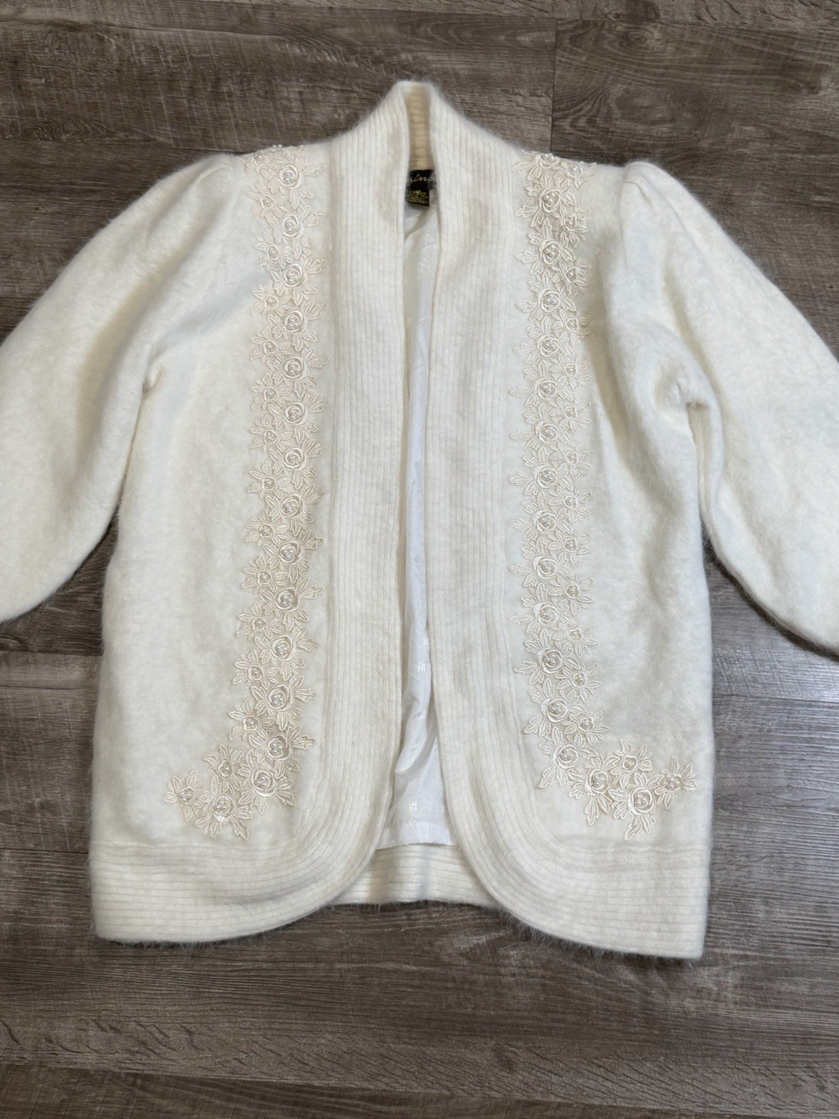 CARINA Vintage 80’s Angora Rabbit Coat Floral Beaded Cardigan Large Soft Cottage
