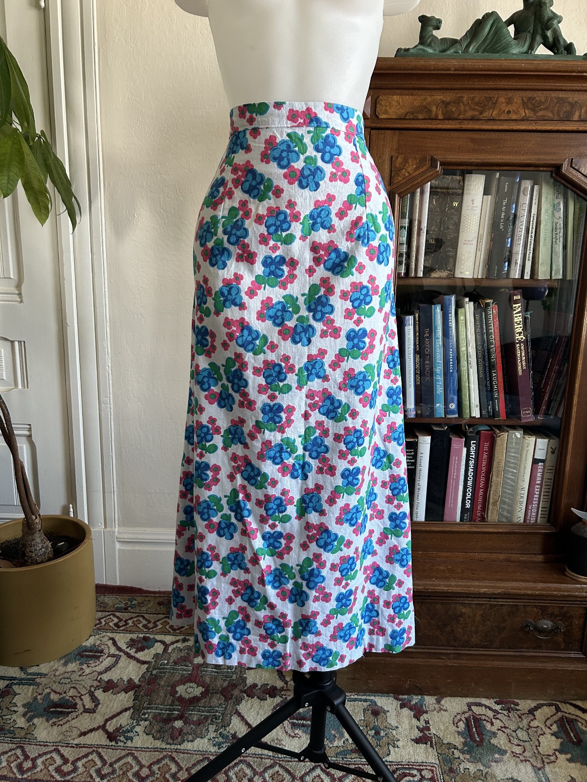 Vintage 1970s Floral Maxi Skirt in Blue and Pink – Handmade 28W Cotton Summer