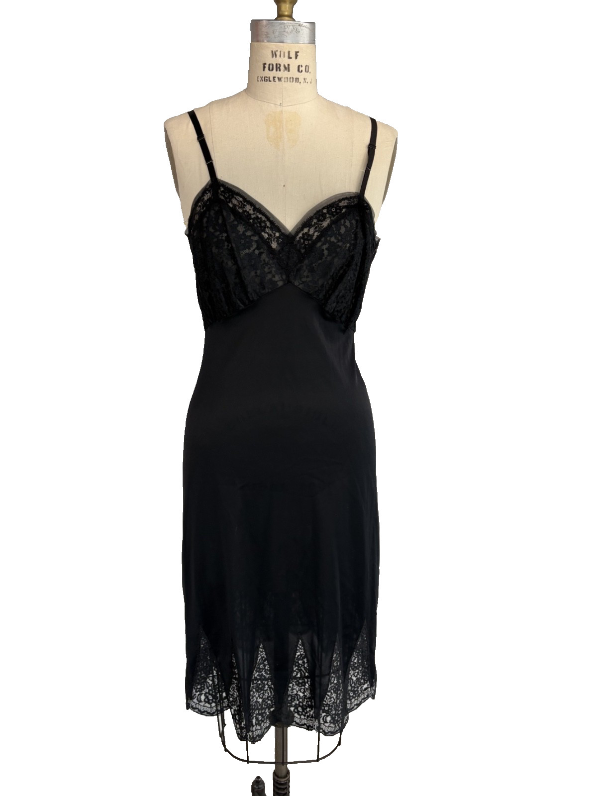 Vintage 1940s Black Lace Bodice Slip Dress Bias Cut Lingerie 38/28/38