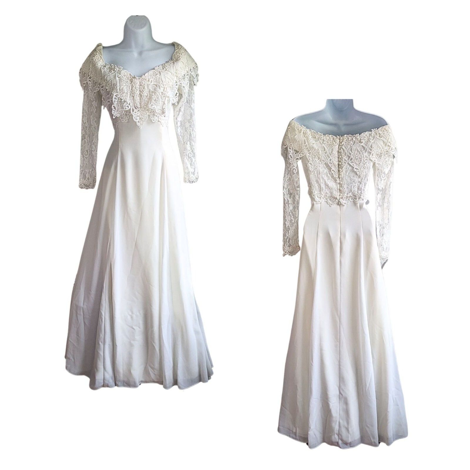 Vtg Early 90s JESSICA MCCLINTOCK Bridal Ivory Lace Off-Shoulder Pearl LS Gown 8