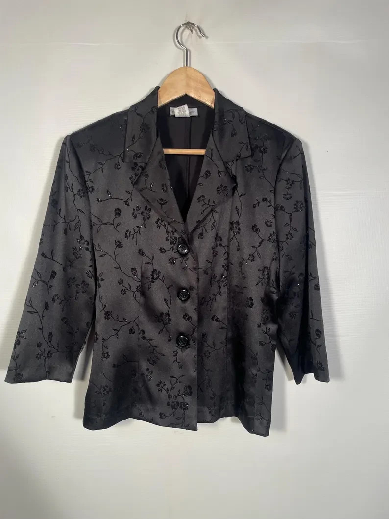 90s Black Satin 3 Piece With Flocked Velvet Glitter Floral Size 11/12 M 30/31 W