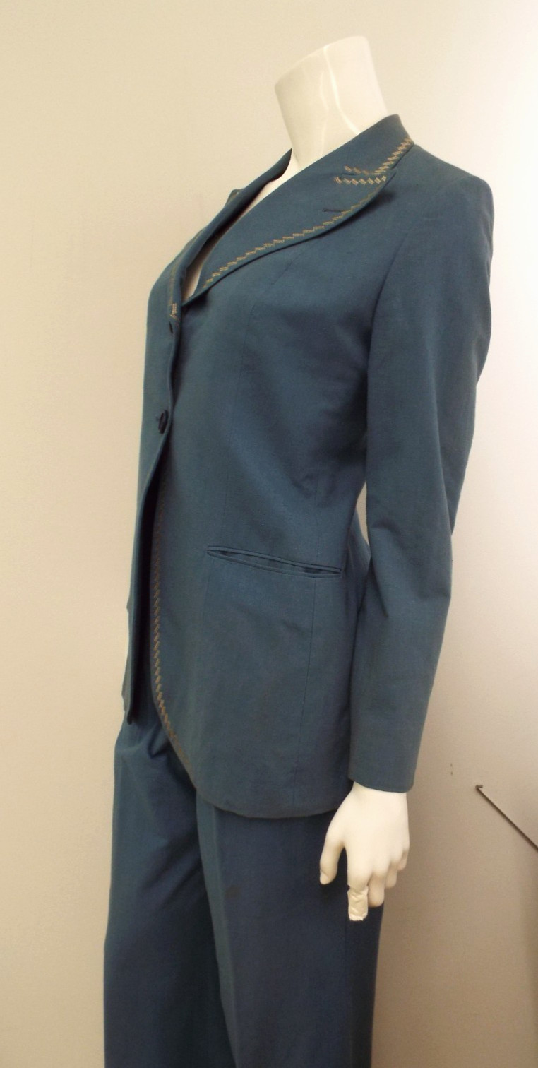 Vintage 1970s De Noyer Blue Cotton Womens Pant Suit 36 James Borynack France