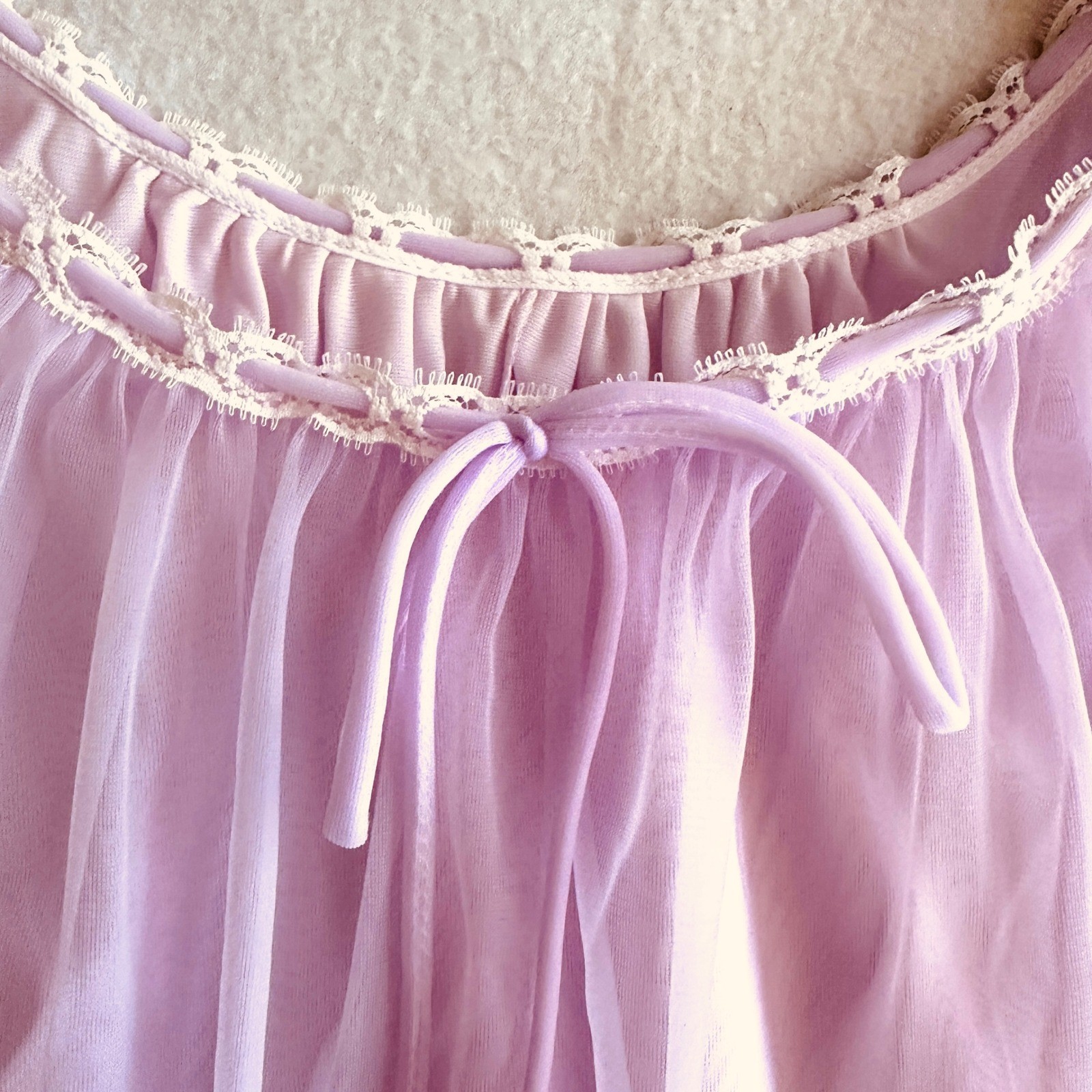Vintage 1970s Chiffon Peignoir Set 2pc Lavender Lace Babydoll Nightgown ILGWU