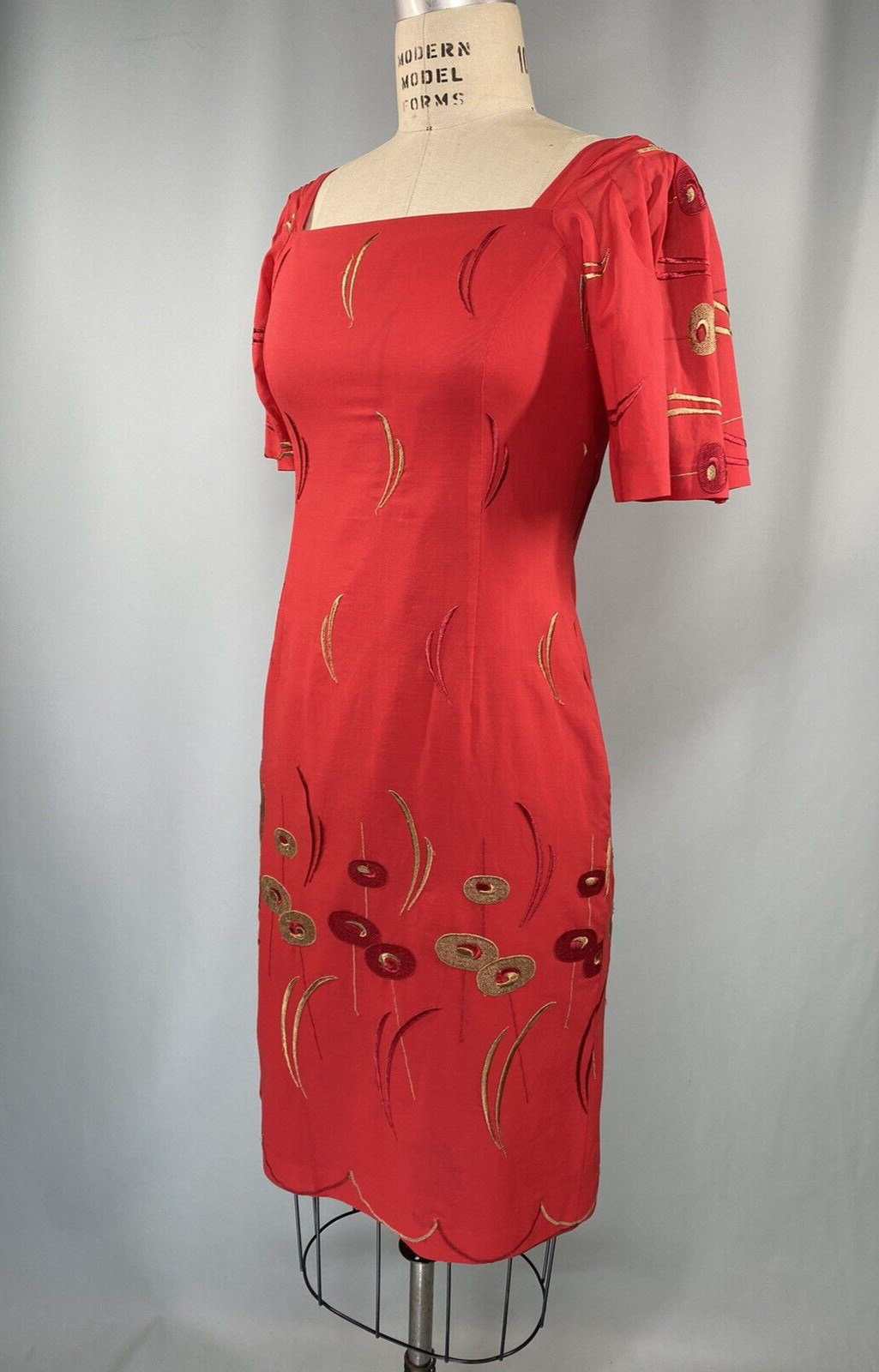 Vintage Dress SIZE SMALL red sheath embroidered 90s 80s Classic