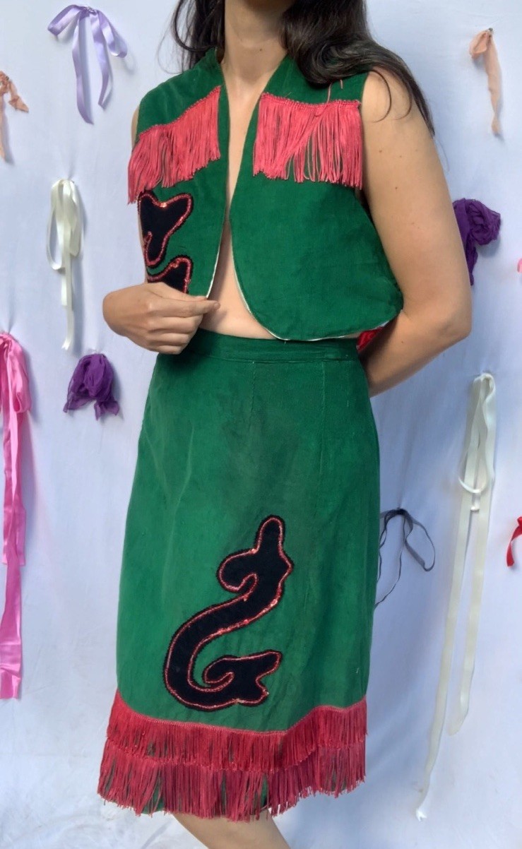 Vintage 1950’s Green Corduroy and Pink Fringe Western Stage Set