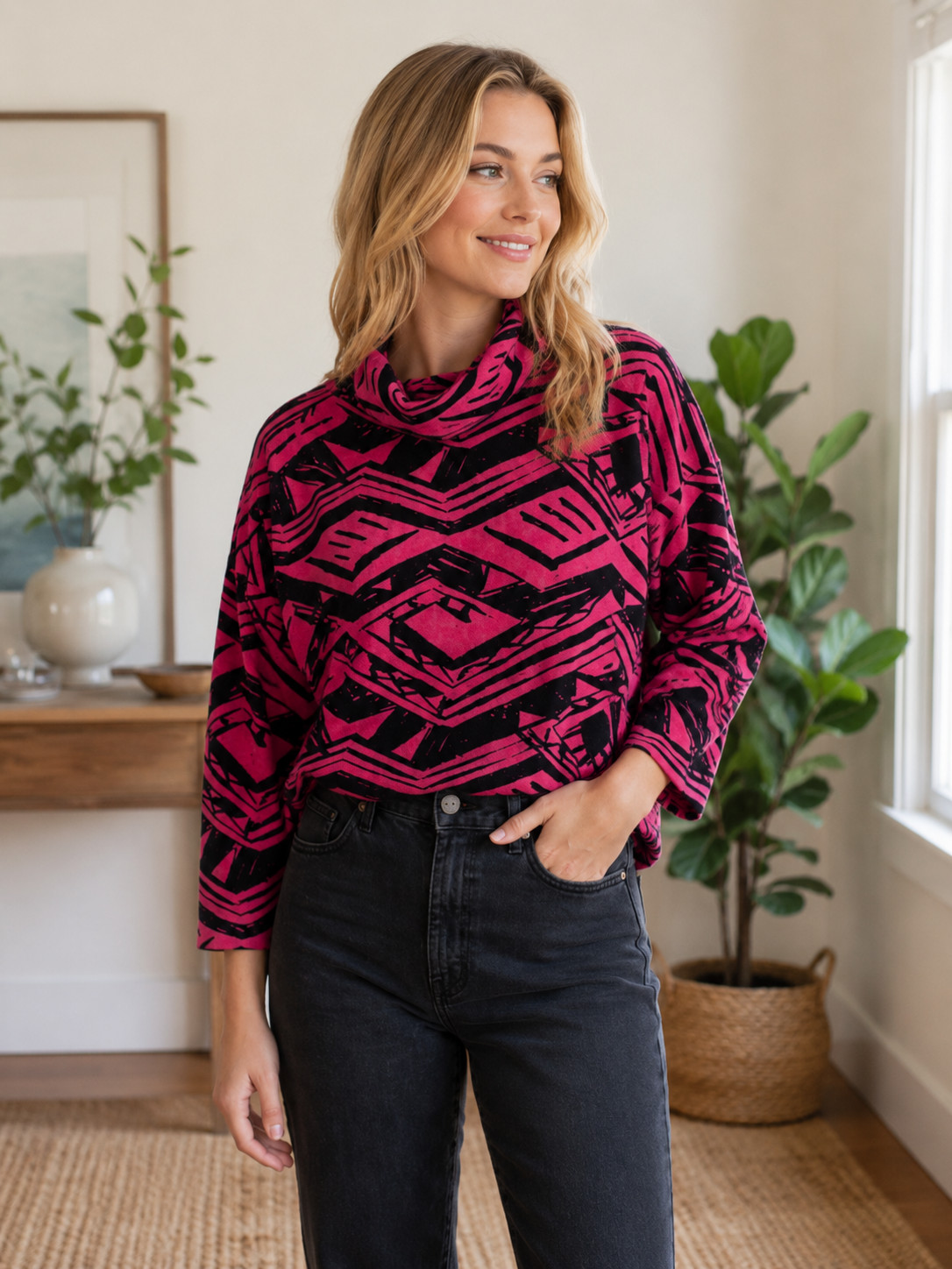 Vintage 80s neon pink black velour turtleneck boxy