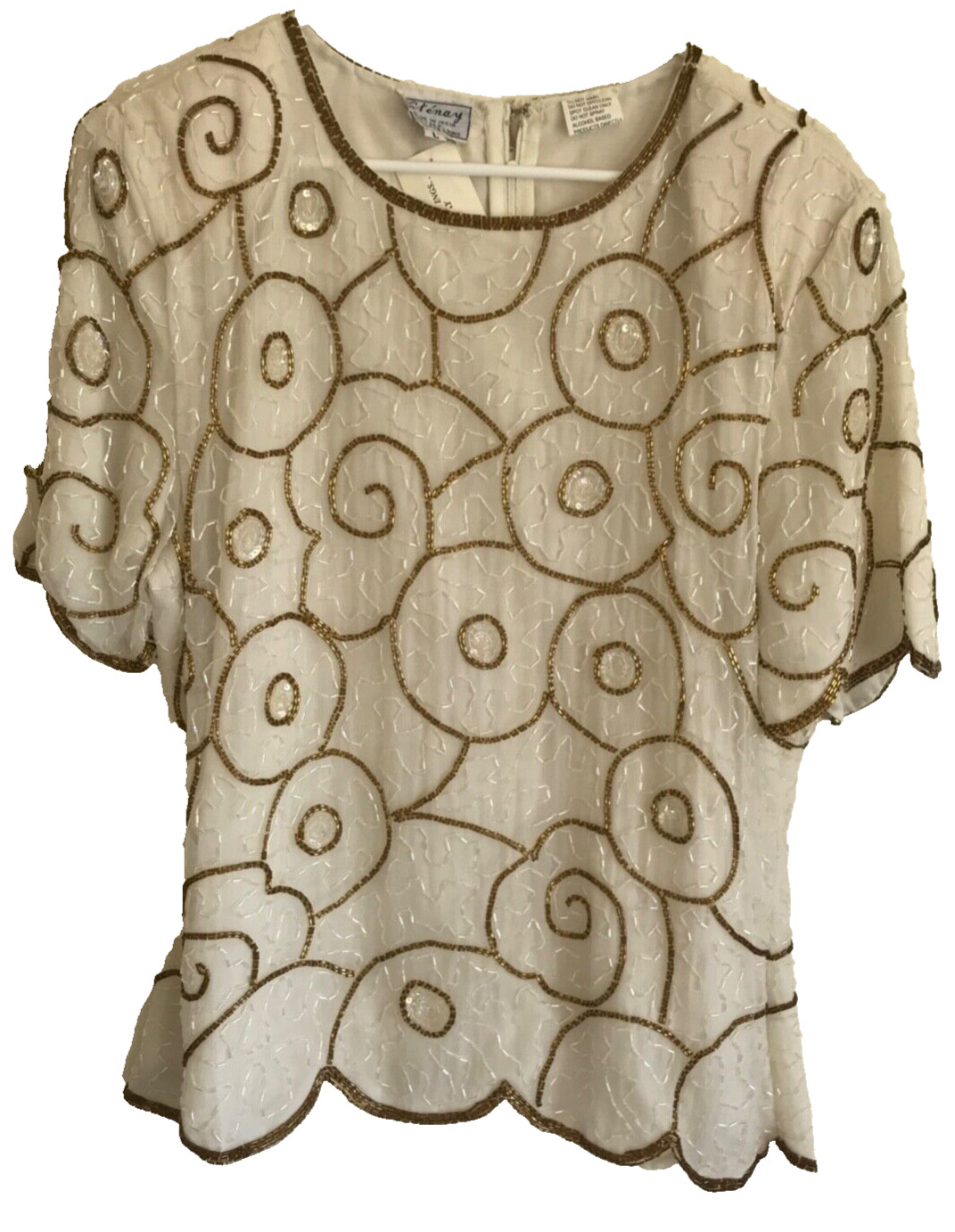 Vintage Silk Beaded Top, Ivory & Gold Stenay Deadstock Blouse, Shirt Formal L