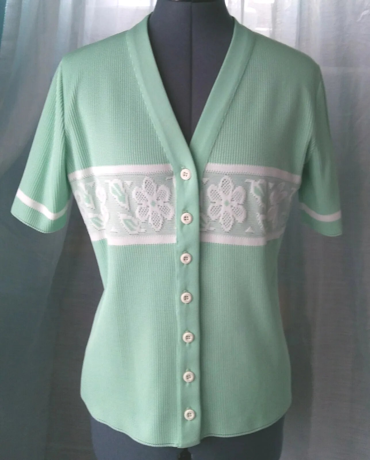 Vtg James Kenrob Mint Grandmacore Cardigan w White Floral Design Stripe Size M/L