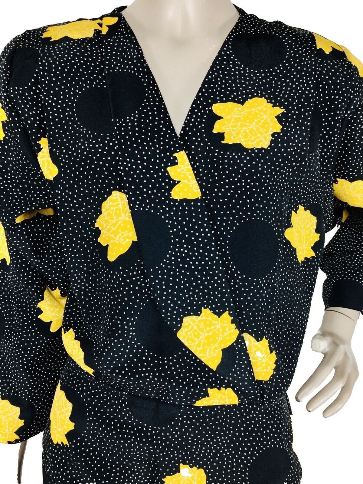 Vintage 60s 70s Black Yellow Floral Circle Polka Dot Surplice Sheath Dress S.M