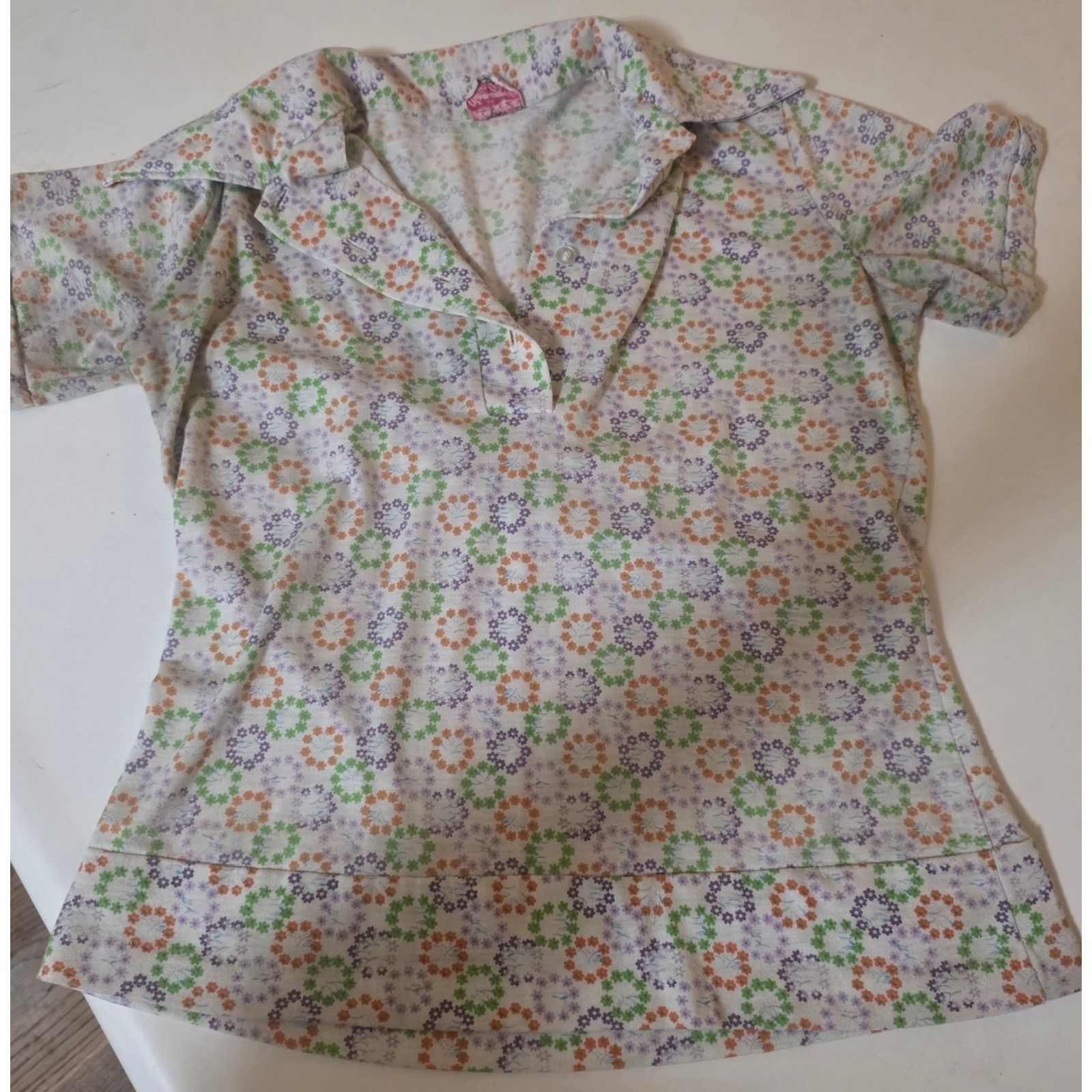 Permanent Press Polo Shirt Women M White Floral 70s Vintage Short Sleeve Top