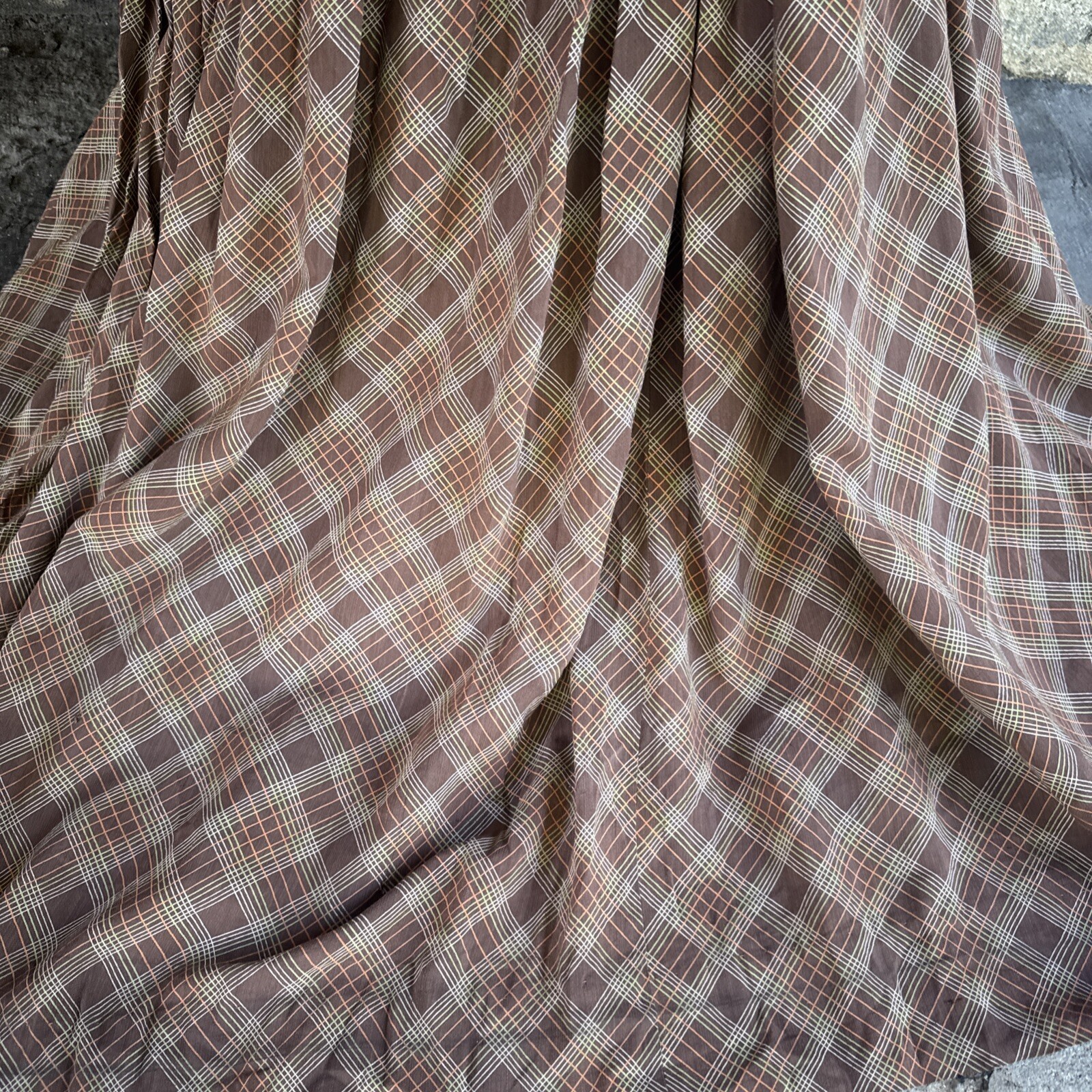 Vintage 1930s Brown Green & Orange Plaid Linen Dress Maxi Bell Sleeves Wooden