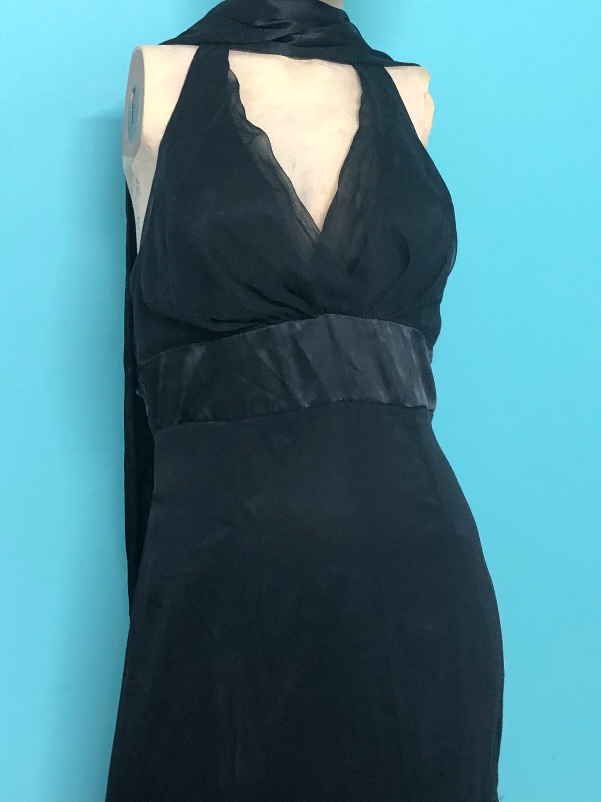VTG Y2K WATTERS/WATTERS Black Halter Chiffon Satin Mermaid Evening Formal Gown~8