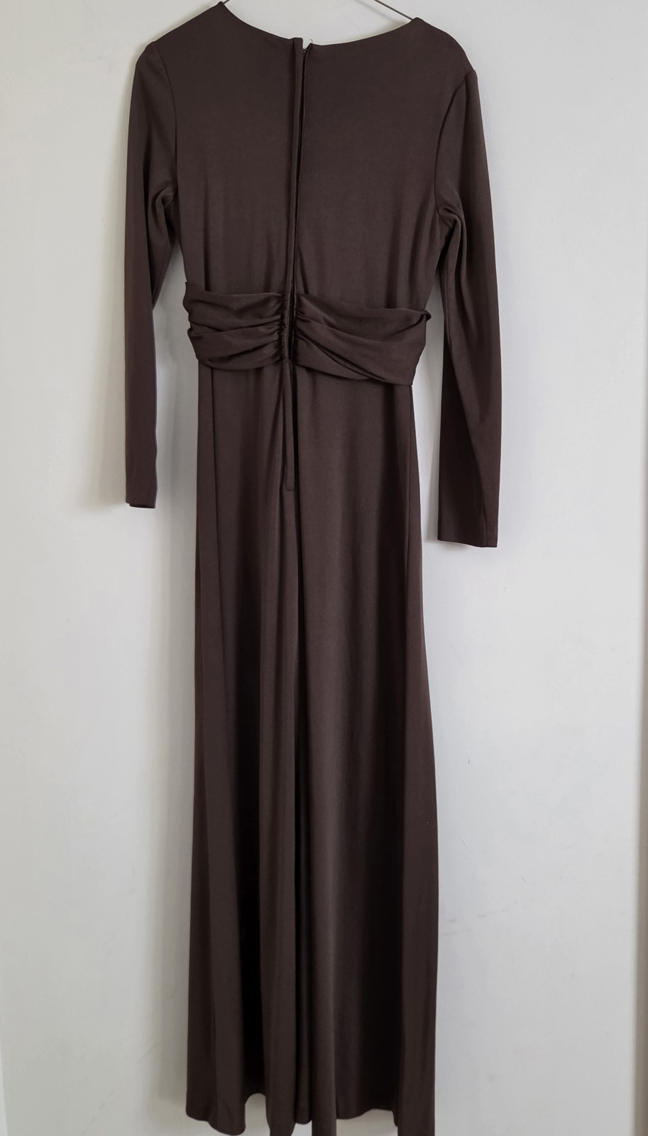 Vtg Miss Elliette CA Chocolate Brown Maxi Dress Deep V Long Sleeve Size S