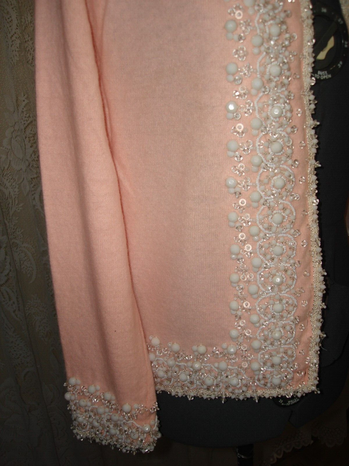 Vintage Nice Fully Fashioned Superior Pink Multi Beaded Long Sleeve Sweater 42/M