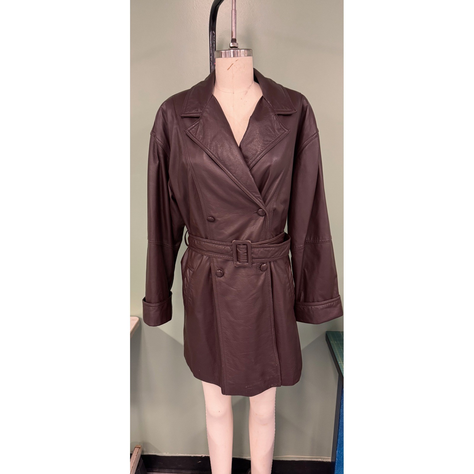 Together! Vintage Brown Leather Trench Coat Double Breasted Belted Jacket Large