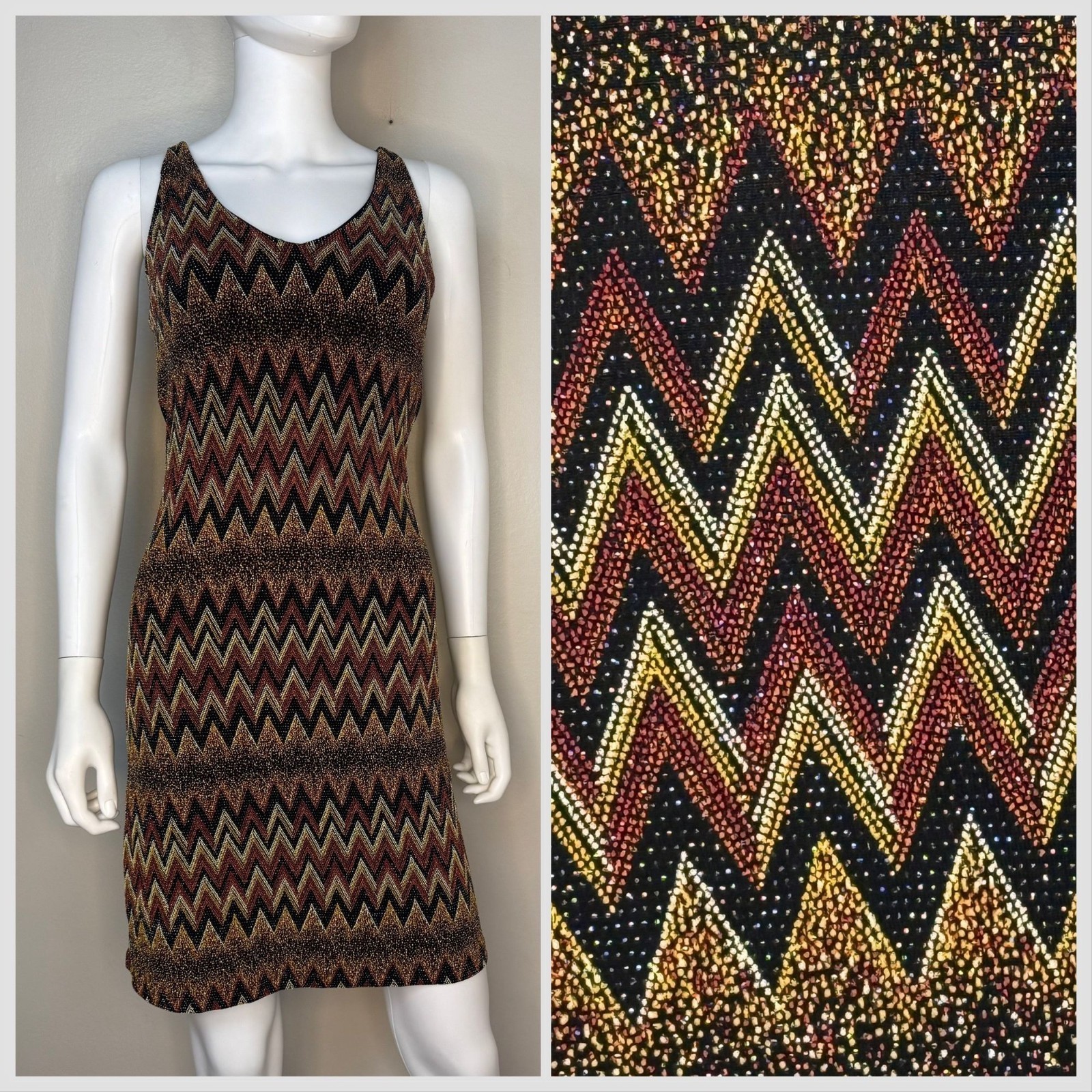 Vtg 1990s Y2K Party Dress Brown Black Sparkle Zig Zag 90s Sassy Sears Deadstock