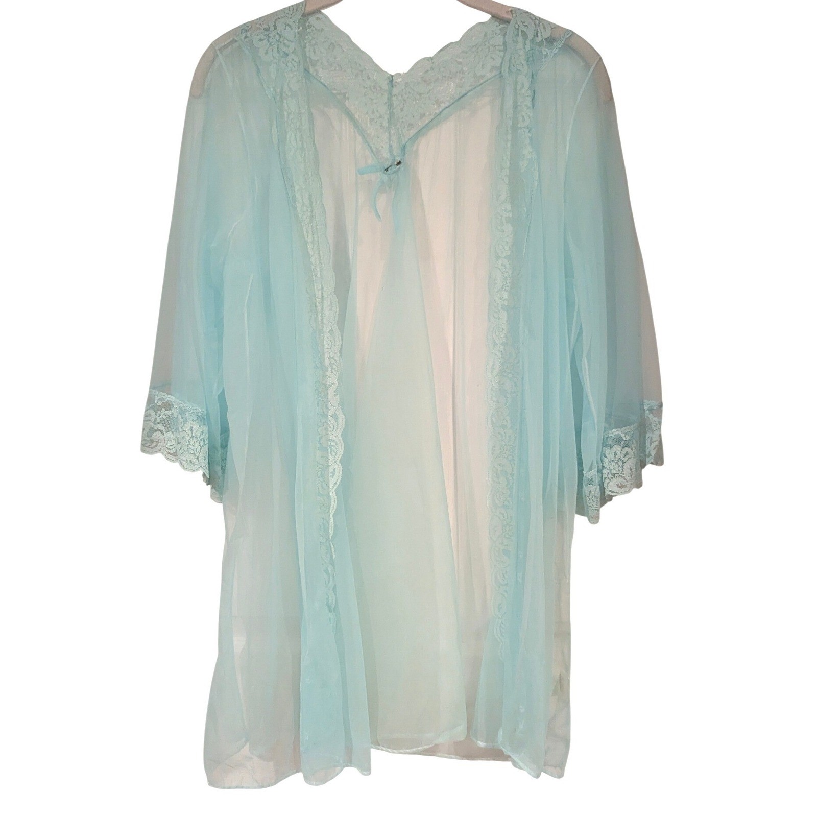 Vintage Sheer Lace Trim Peignoir Robe M Turquoise Blue Bow Back Coquette Fairy