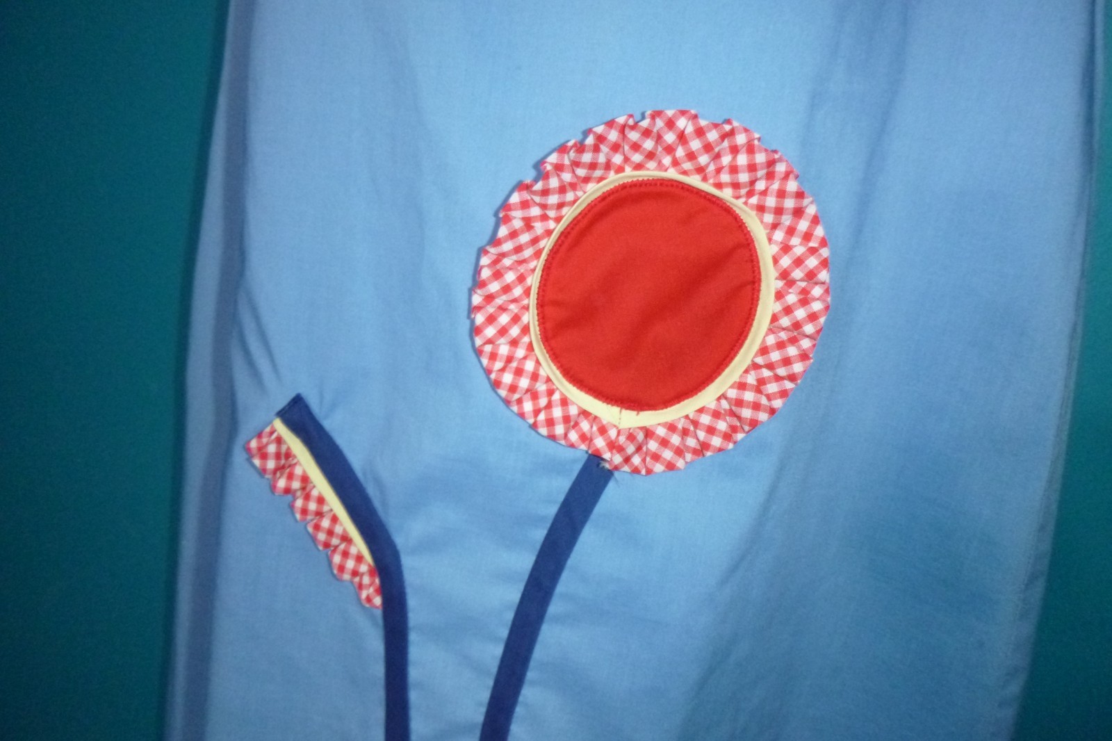 Vtg 60s Charmode House Dress Shift Blue W/ Red Gingham 3D Flower & Trim Sz S/M