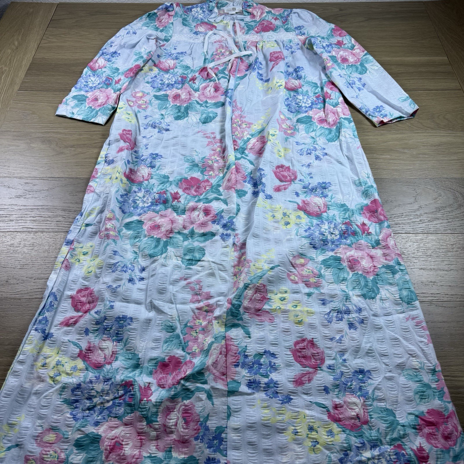 Vintage Ashley Ames Nightgown Medium Floral Ruffle Lace Front Zip Maxi USA