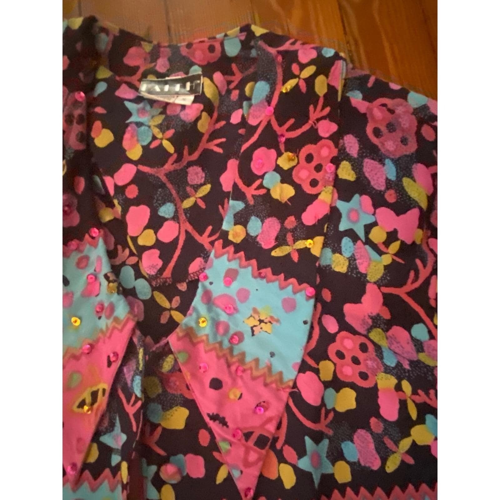 Vtg 80’s Faith 2 Piece Small Floral Sequin Crop Jacket Wide Leg Pants new wave
