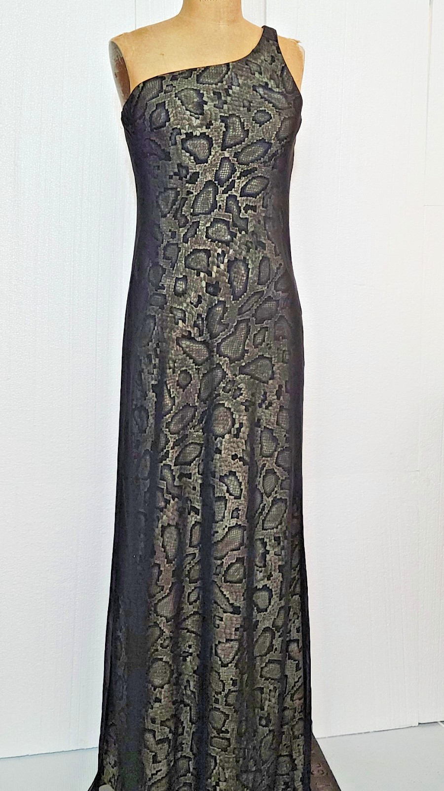 vintage 1990s one shoulder maxi snakeskin slip dress / black chiffon overlay