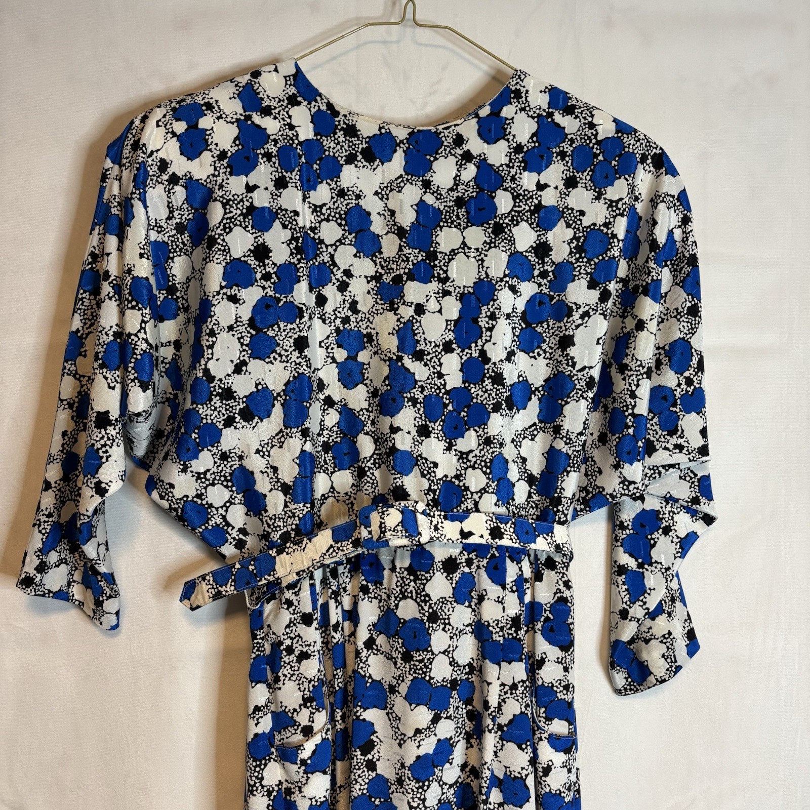 True Vintage 80s Blue And White Printed Dress Nu-Mode Petites Size Small Belted