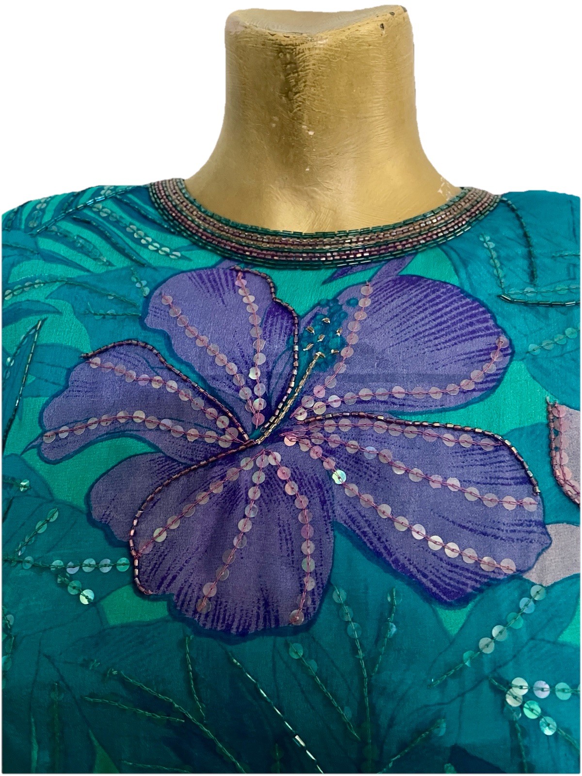 JUDITH ANN CREATIONS Vintage 80’s SILK Beaded TROPICAL Floral BLOUSE Size Small
