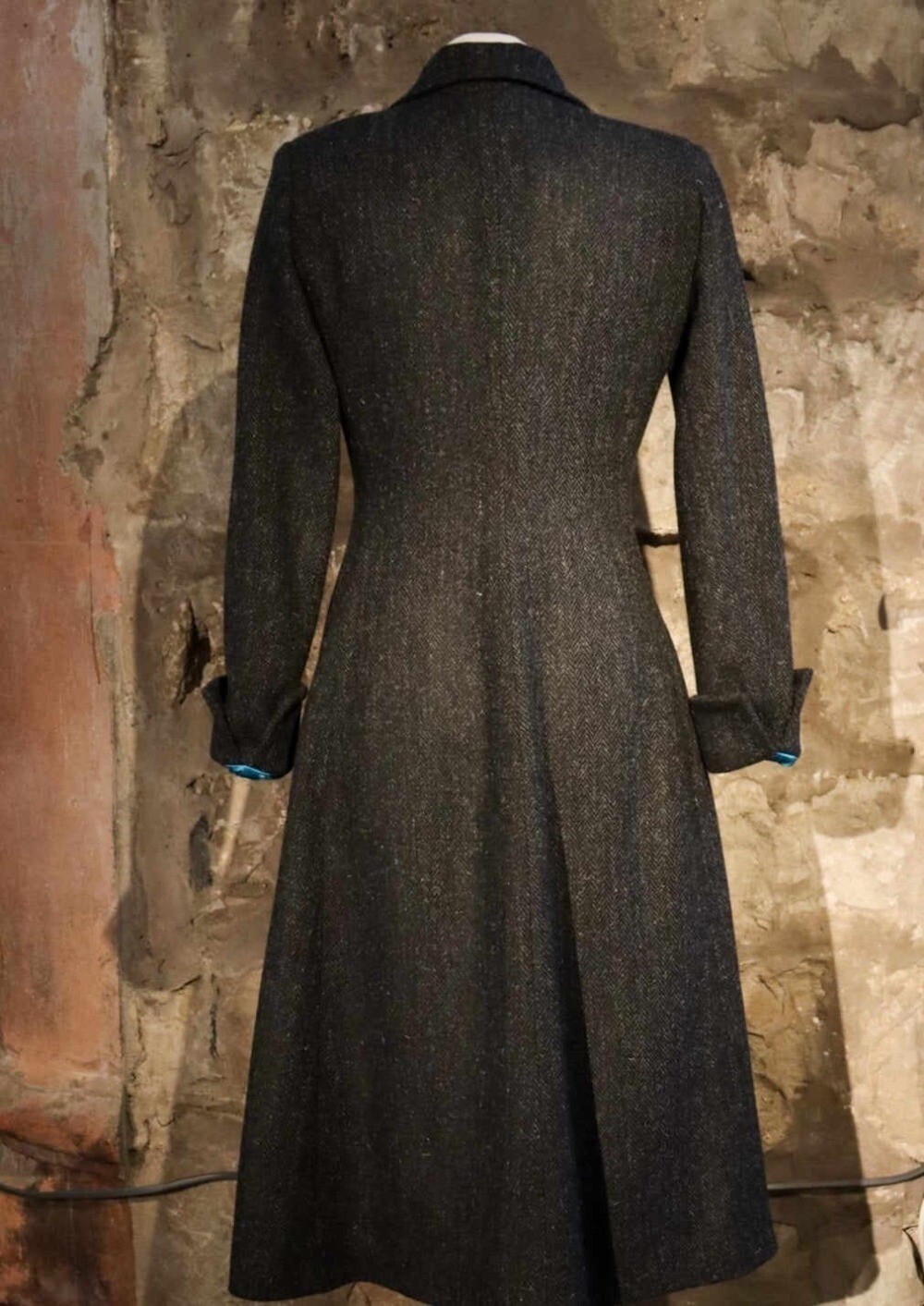 Ladies Brown Coat Herringbone Tweed Jacket Double Breasted Wide Collar Long