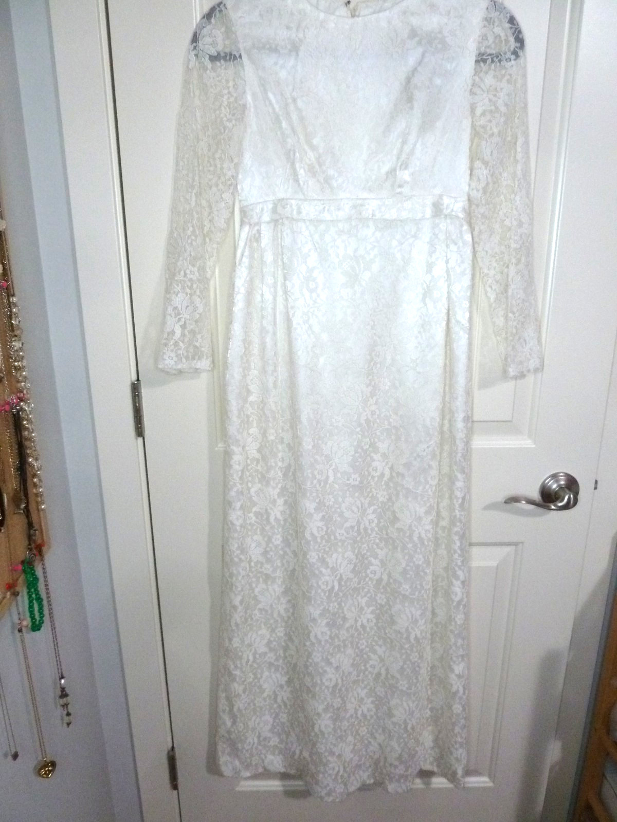 Vintage late 1960s White Satin & Lace Wedding Dress 26″ Empire waist Handmade
