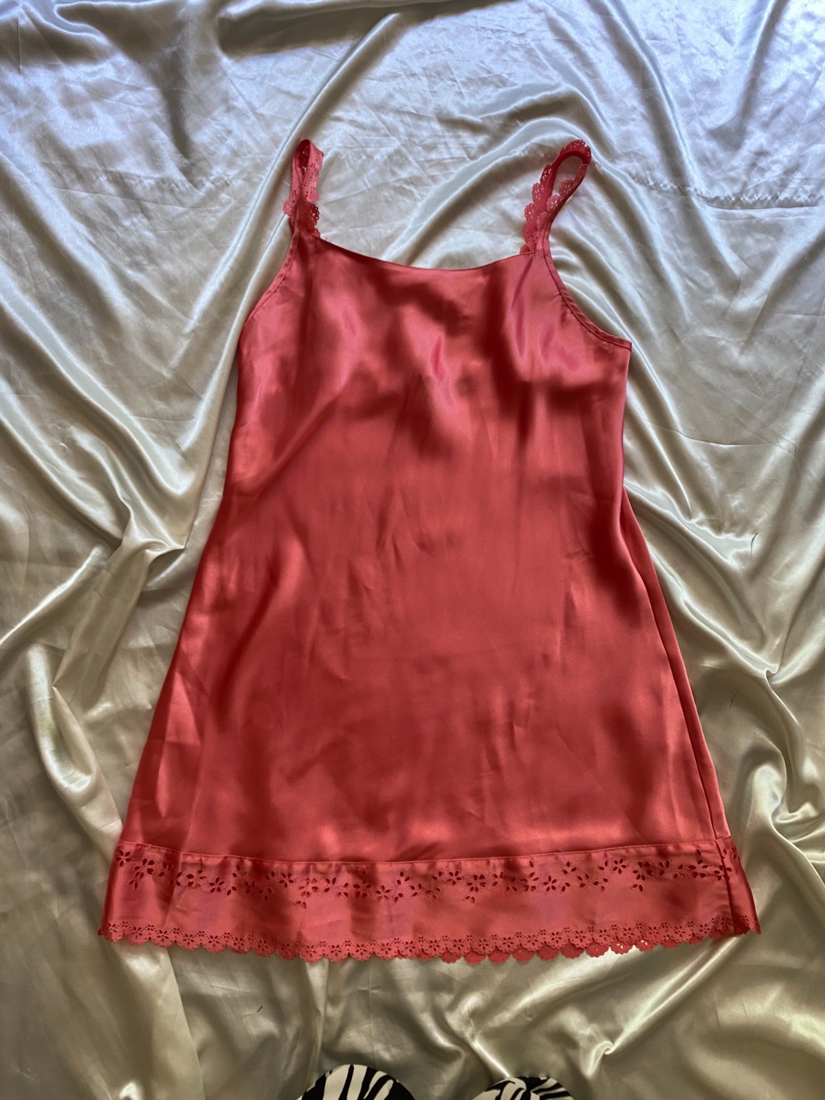 Vintage 1990s Halston Coral Orange Eyelet Half Slip Boho Medium