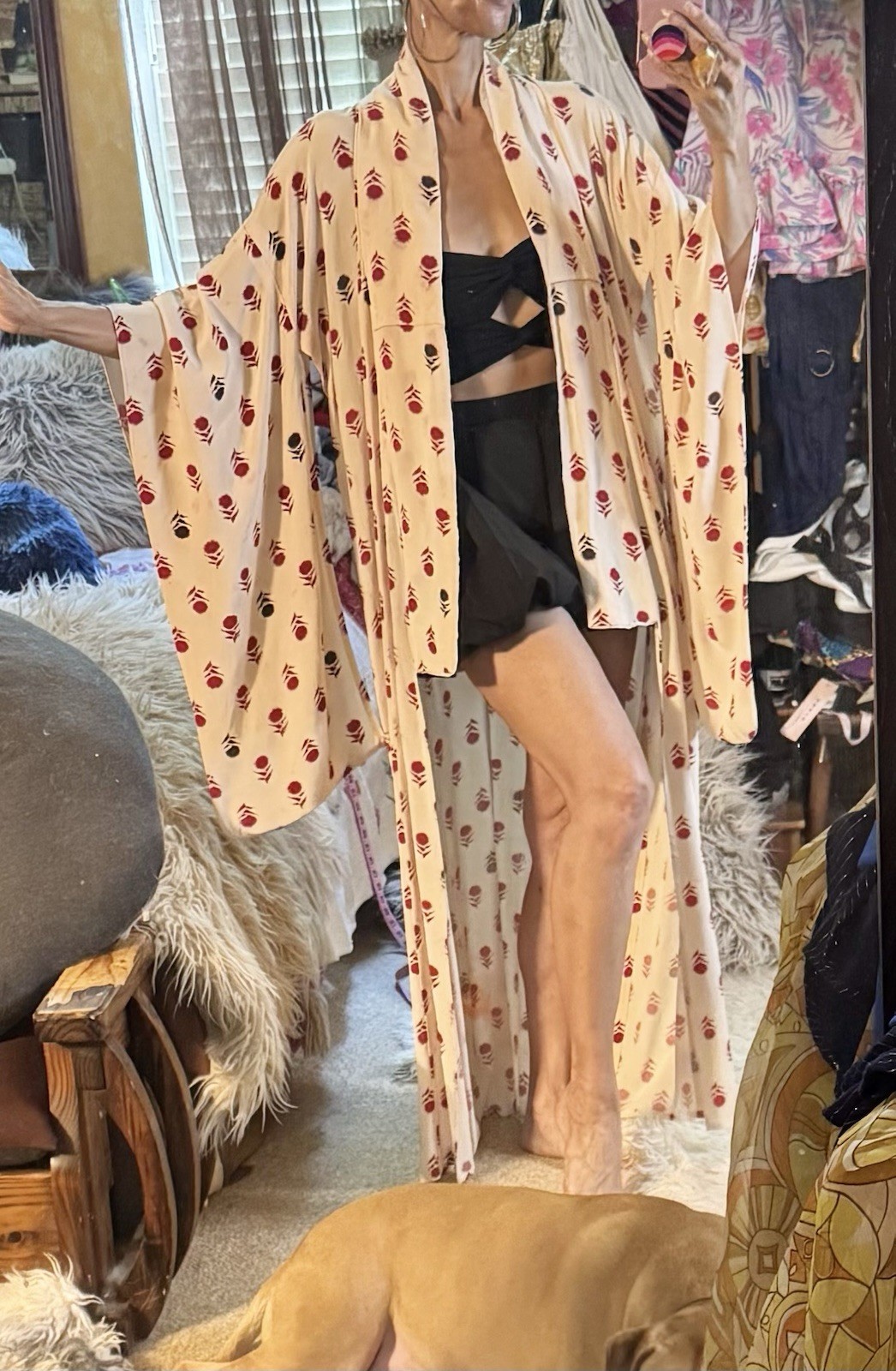 Vtg Kimono Silk Crepe Extreme Long Sleeves Duster Jacket Robe Off White Red