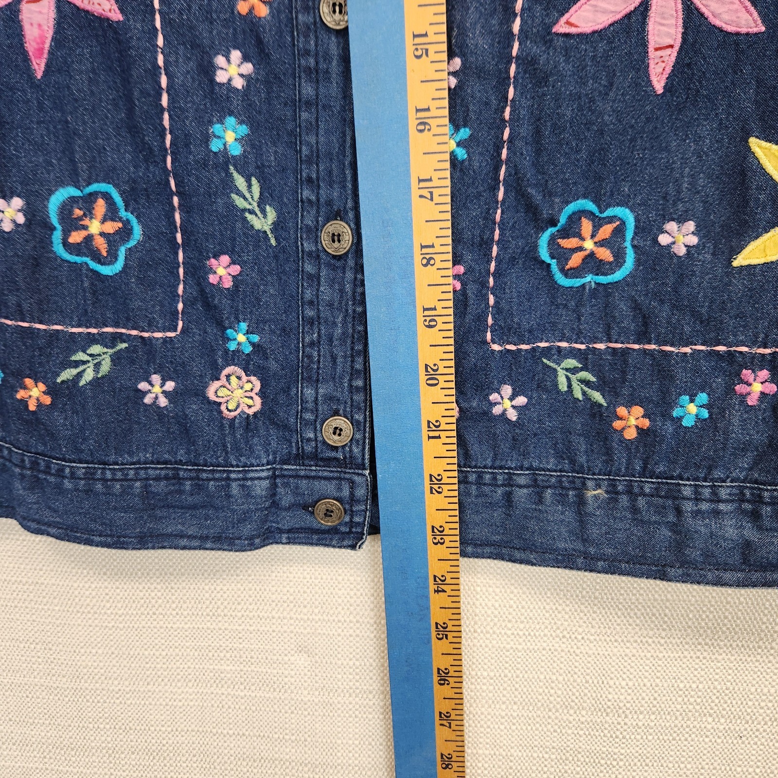 Vintage National Denim Button Jacket Size 14 Embroidered Floral Applique Cotton